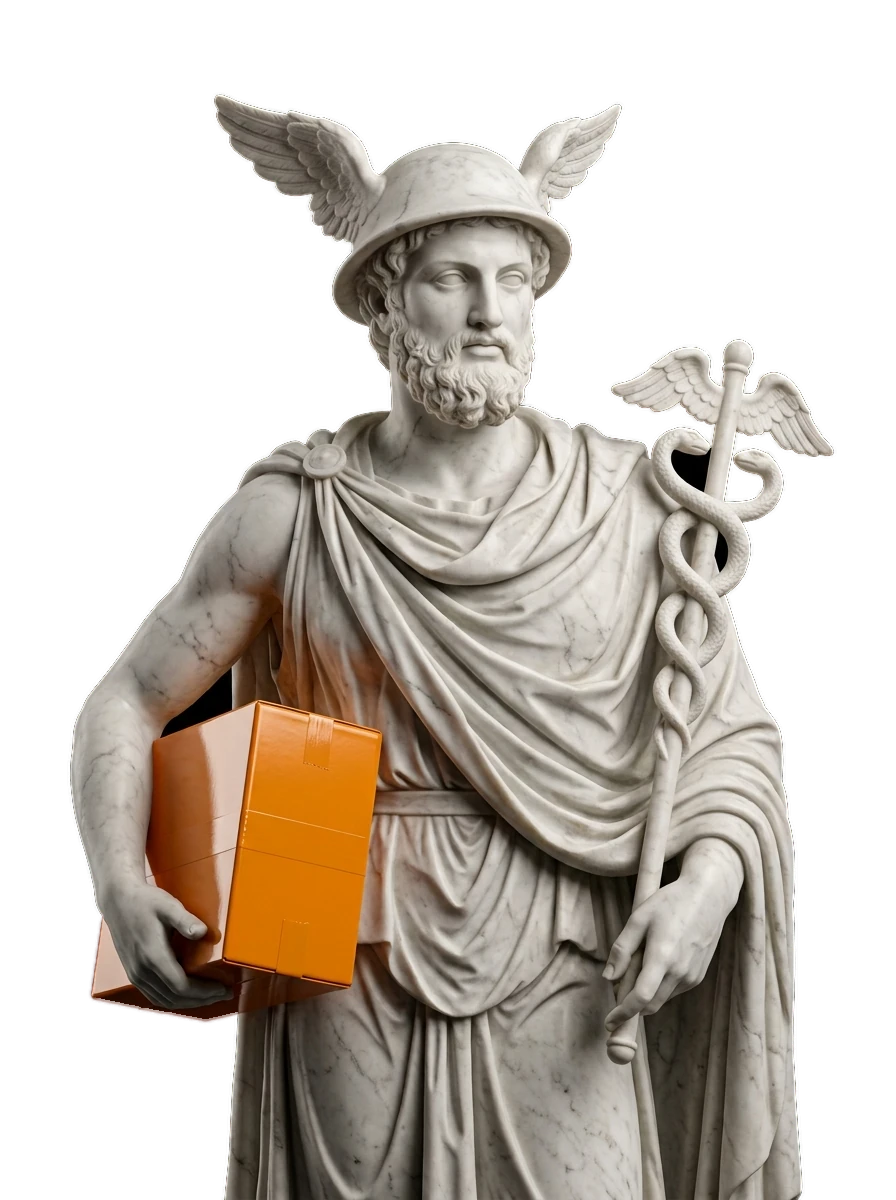 Gestione Amazon: statua di Mercurio con un pacco arancione
