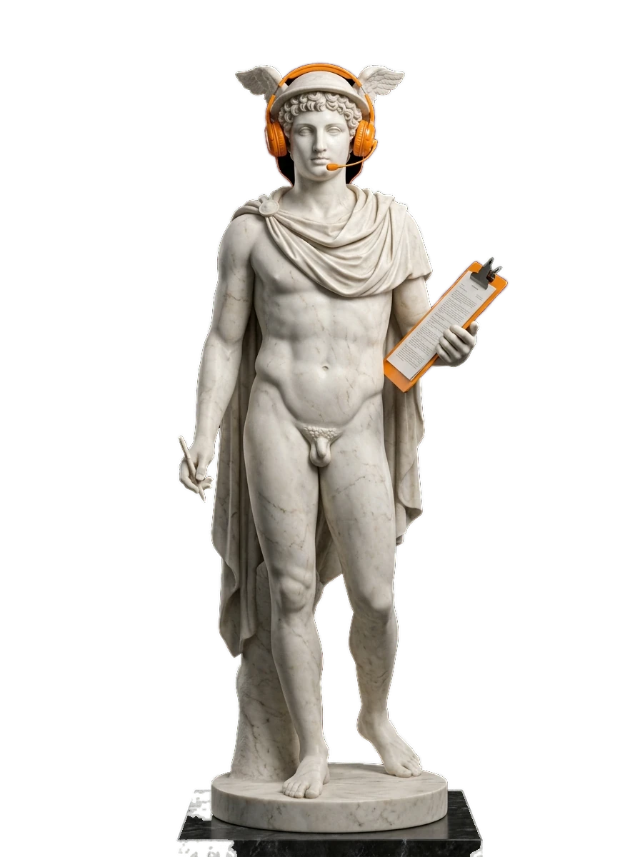 Gestione Amazon: statua di Mercurio con cuffie arancioni